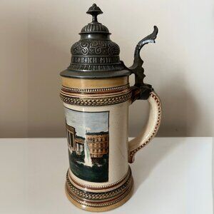 German Lidded Beer Stein w/ Pewter Lid Depicting Berlin Brandenburger Tor/Gate